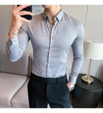 New Camisa Ajustada Para Hombres Ropa De Vestir Manga Larga A Rayas Elegant