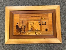 Vintage Wood Inlay Marquetry Picture of Farmhouse Scene 26" x 17"