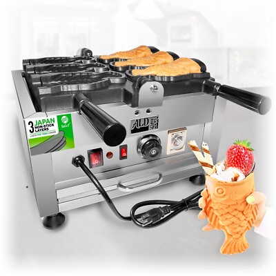 Taiyaki Fish Waffle Maker Professional | 3 Open Mouth Fish Shaped Waffles | 110V