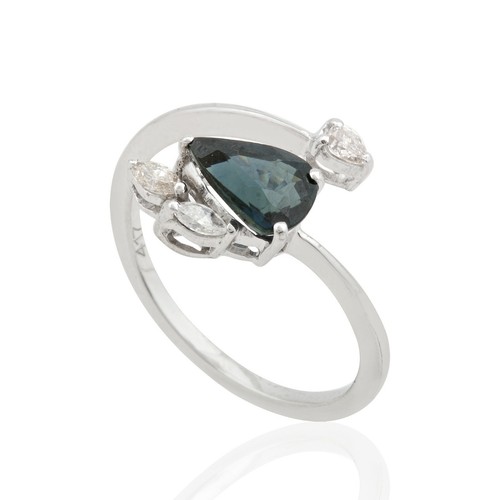 1.07 TCW H/SI Marquise Diamond Pear Blue Sapphire Cuff Ring 10k White Gold Gift - Picture 3 of 8