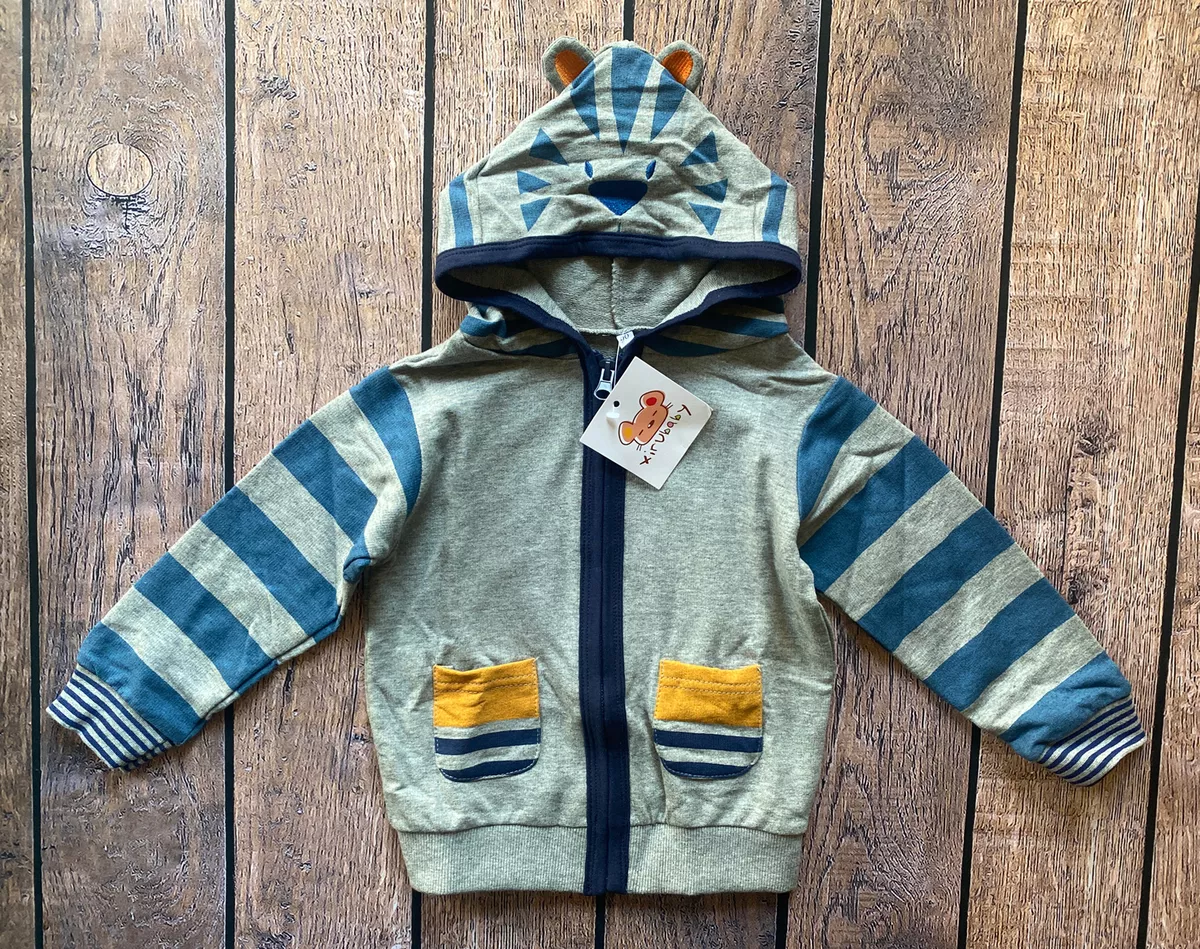 Toddler Boy Size 2T 90 CM Blue Gray Tiger Character Zip Up Hoodie Sweater