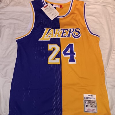 Large Kobe Bryant Split Los Angeles Lakers #24 Yellow Purple NBA Jersey  New