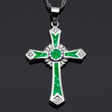 Green Opal Cross Pendant Necklace Christian Jewelry for Men Women Gift Chain