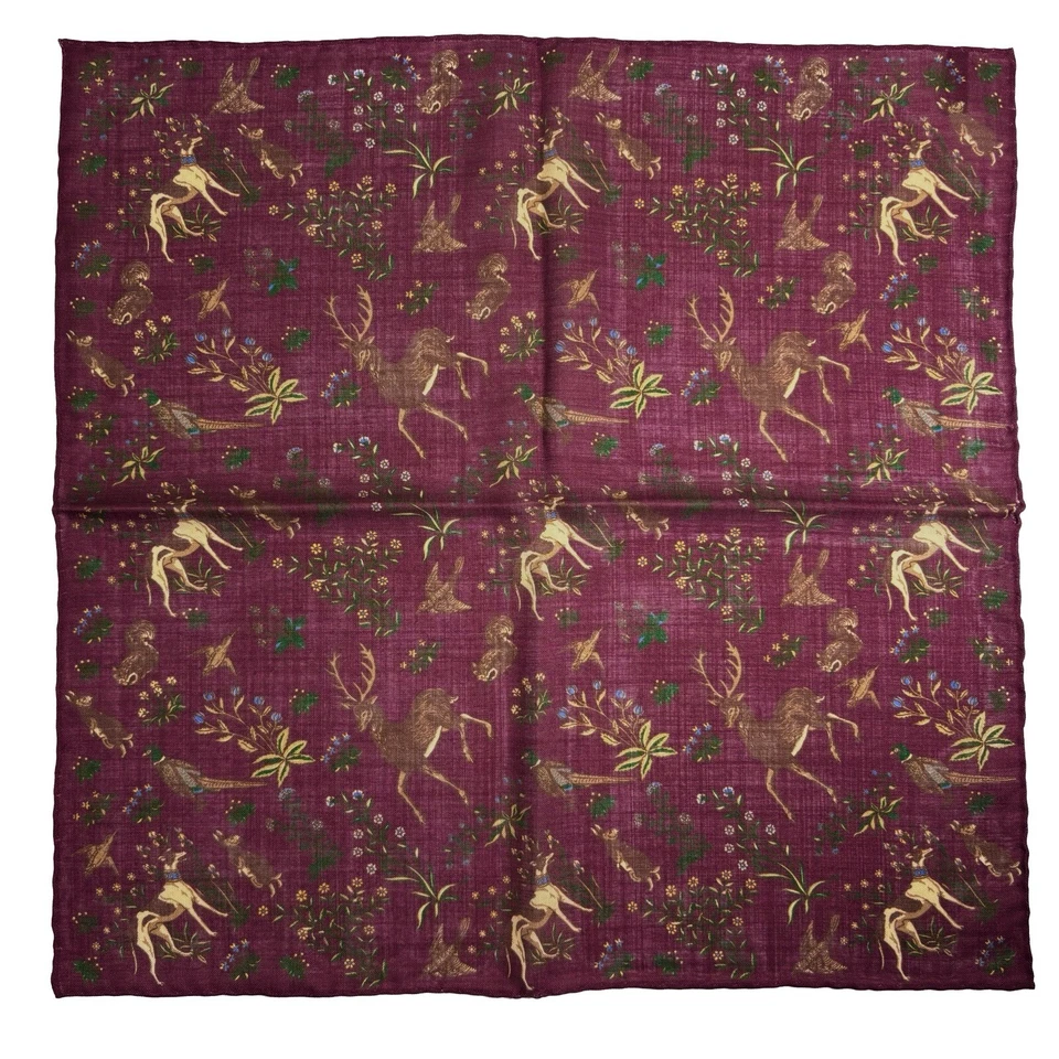 Cuadrado de bolsillo de lana/seda con motivo animal floral borgoña (enrollado a mano en Inglaterra) Foto 4 de 4