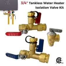 3/4" Threaded Isolation Valve & Pressure Relief Kits for Tankless Water Heater
