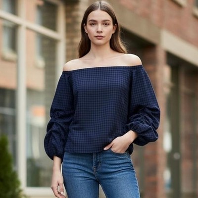 Anthropologie Guest Editor Gridwork Off The Shoulder plaid top Cotton flannel S