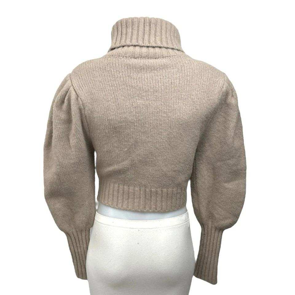 Zara Women's Brown Wool Turtleneck Oversized Puff Sleeve Knit Crop Sweater Top M - Image 2 of 4