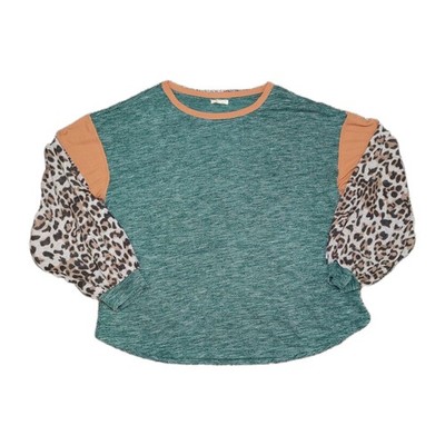 Kori America Plus Women's Size 1XL Heathered Green Animal Print Long Sleeve Top