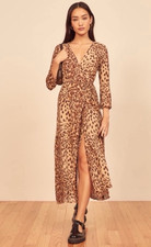 Reformation Women Size Small Alessandra Animal Print (Cat) Wrap Midi Dress Brown