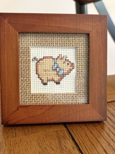 Framed Completed cross stitch pig