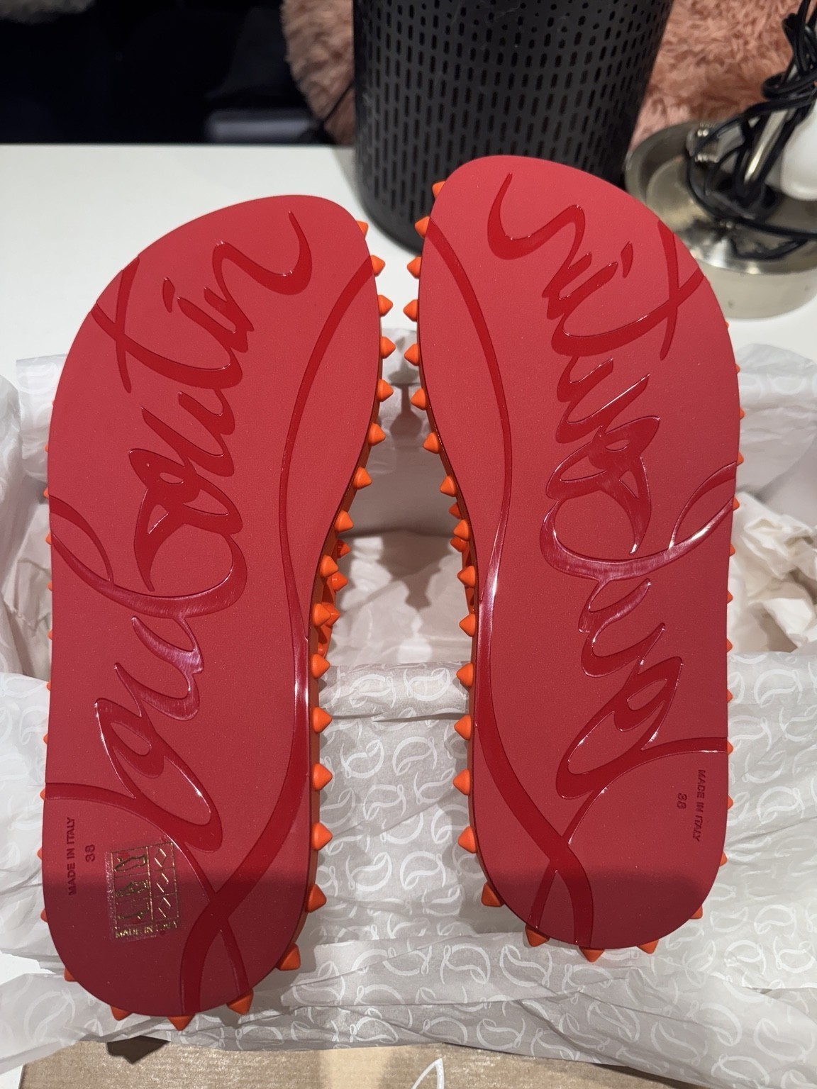 Christian Louboutin Loubi Flip Donna Spike Sandals Orange Red Size 38 New w/ Box image 3