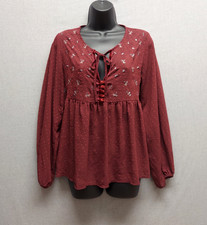 Anna Cai Top Babydoll Burgundy Embroidered Semi Sheer Velvet Trim Witchy Boho M