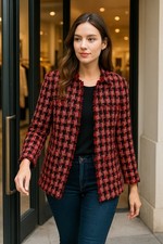 Chico s Red Black Tweed Houndstooth Fringe Jacket Coat Blazer Office Holiday 1P