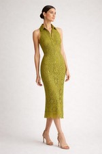 Badgley Mischka Olive Crochet Halter Slim Midi Dress Sz 4 NWT Lime Green Day
