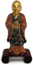 Antique Buddha Hand Carved  Painted Wooden Statue Figurine w/Stand, 7 7/8" A 