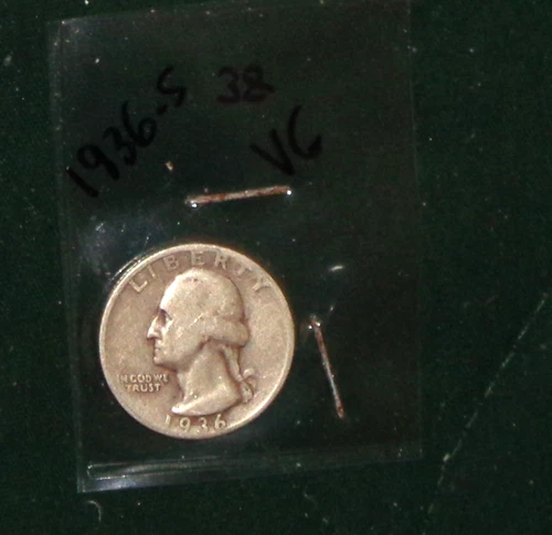 1936-S SILVER WASHINGTON HEAD QUARTER - GRADES - "VERY GOOD"