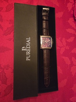 Puredial Men's Square Legacy Watch Wristwatch Red Dial Leather Band