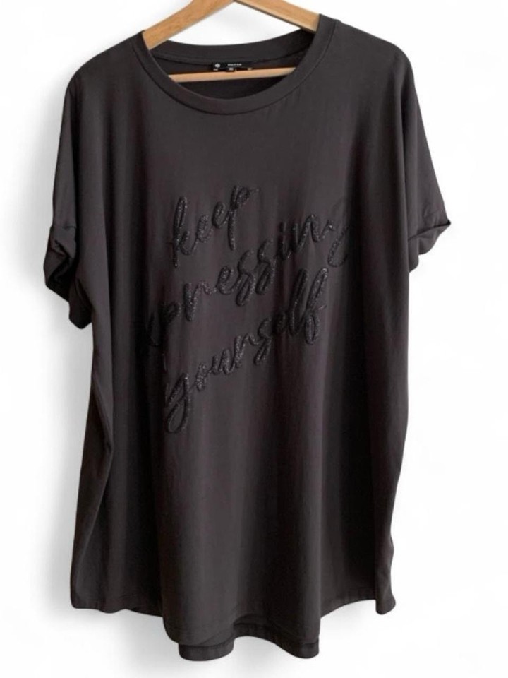 Women’s Black Cotton Jersey Crew Neck Short Sleeve Embroidered Slogan Tee XL