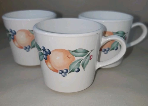 Set of 3 vintage Corning Ware Corelle ABUNDANCE Coffee Cups Mugs Fruit Design