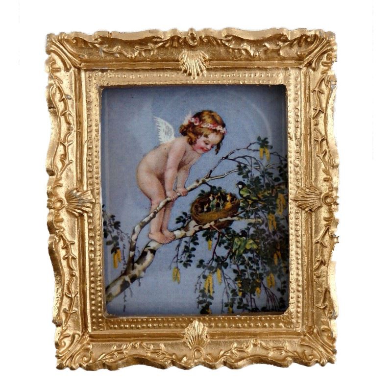 Melody Jane Dolls House Miniature Cherub & Birds Nest Painting Gold Frame