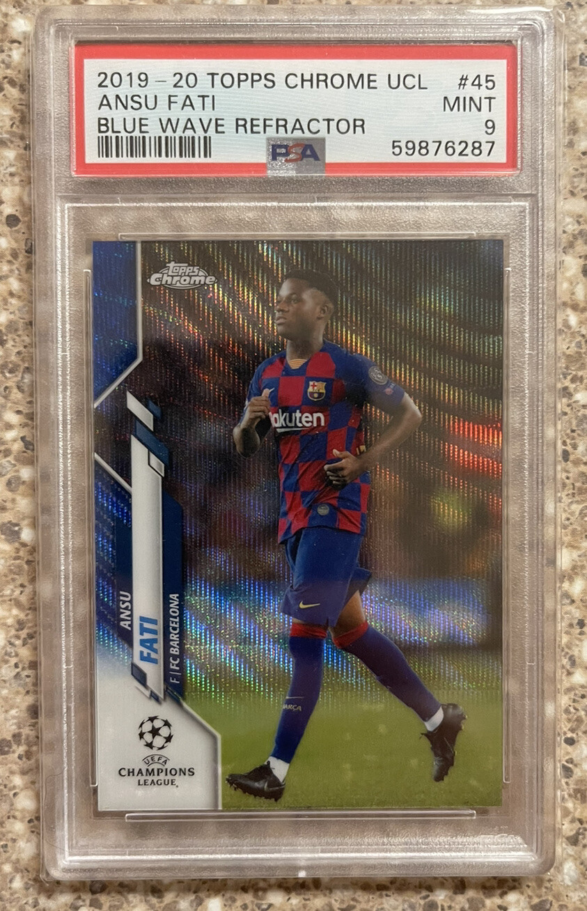 2019 TOPPS CHROME UCL Ansu Fati #45 ROOKIE Blue Wave Refractor #/75 PSA 9 MINT