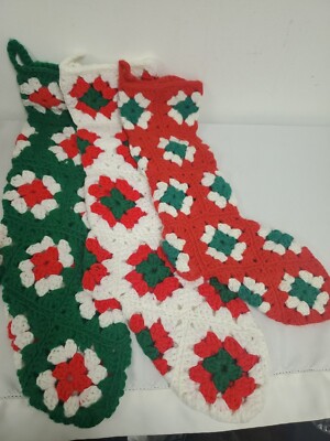 3 Handmade Crochet Christmas GRANNY SQUARES STOCKINGS 18-25''