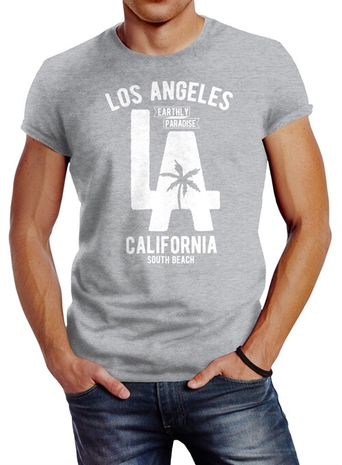 T-shirt Uomo Neverless Con Palme California West Coast, Slim Fit, Bianca