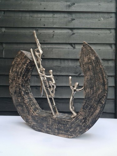 Trio Men & Scale Silver Metal and Wood Sculpture Handmade Unique Decoration Gift - Picture 7 of 7