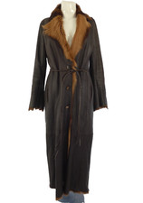 Karl Donoghue Leather Coat Long Brown Goat Skin Fur Collar Tie Belt Size S