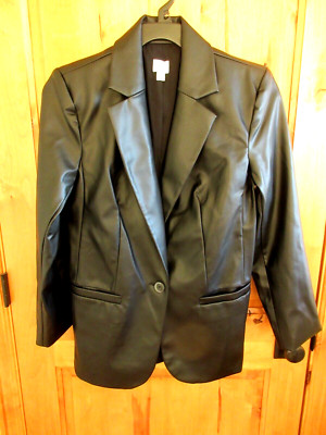 A NEW DAY S BLACK FAUX LEATHER POLYEURETHANE BLING COAT LAPEL SINGLE BUTTON NWOT