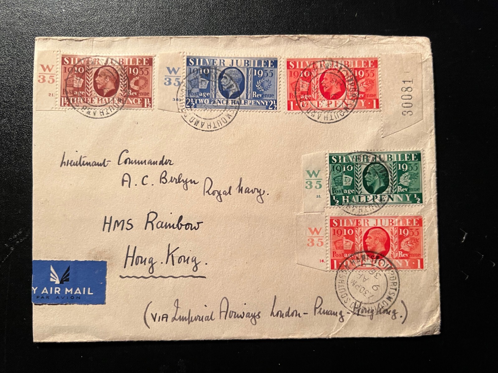 1936 England Airmail Cover Southsea Hants to Hong Kong HMS Rainbow