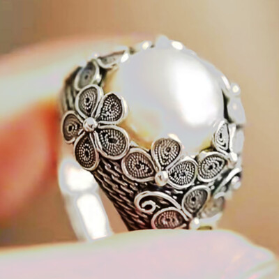 Vintage 925 Silver Flower Floral Big Pearl Ring Statement Rings For Womens 