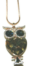 32" Owl With Black Eyes Pendant Necklace With Rhinestones Crystal - Gold Tone