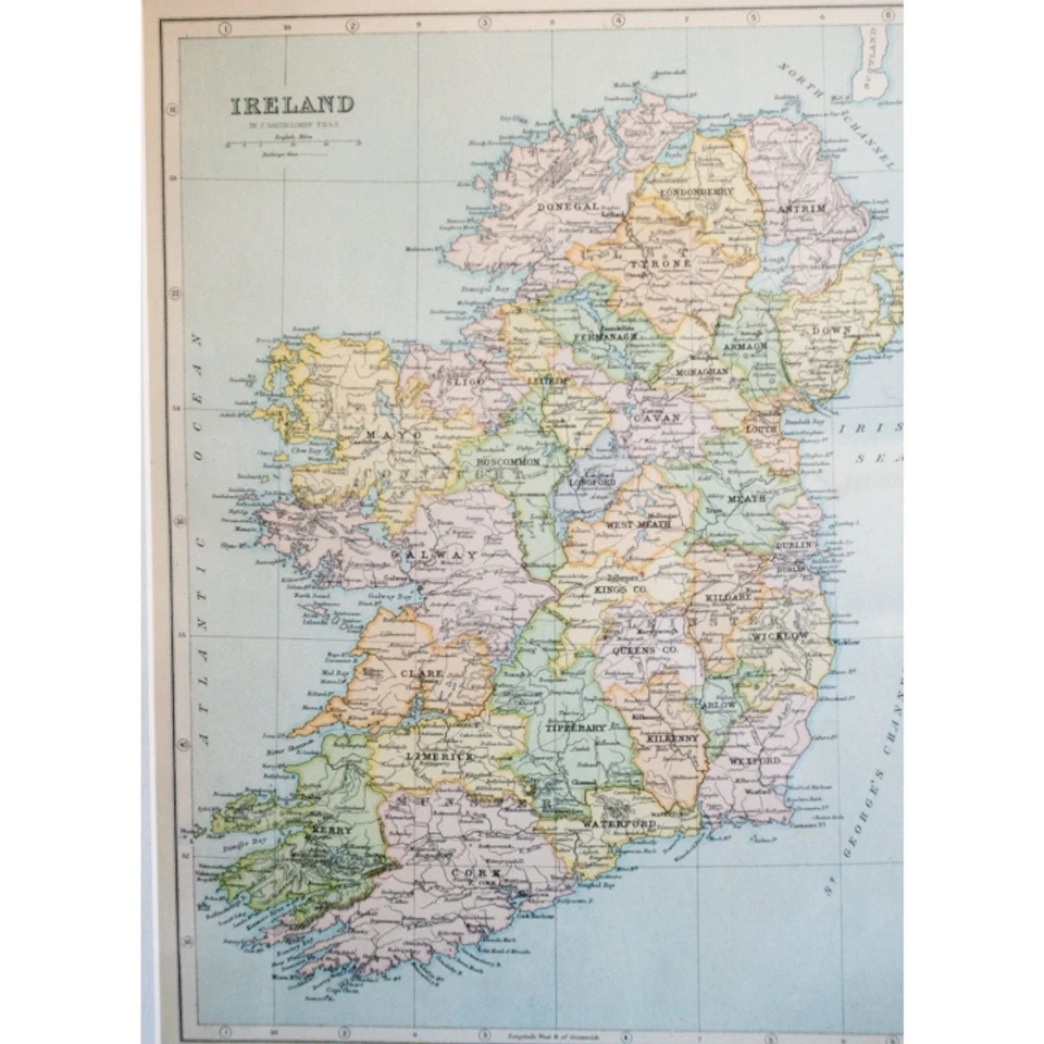 Antique 1890s Map of Ireland Matted Galway Cork Glasgow Dublin Wall Art - Image 2 of 4