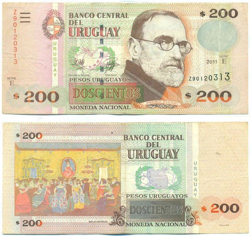 URUGUAY NOTE 200 PESOS URUGUAYOS 2011 SERIAL E REPLACEMENT Z90 P 89c VF
