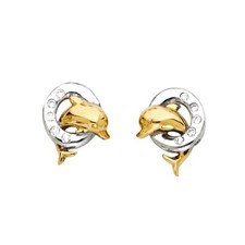 Gold 14K Two Tone Gold Dolphin Post Earrings