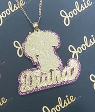 PERSONALIZED 14K GOLD PLATED GLITTER NAME PLATE CHAIN NECKLACE ANY NAME/COLOR