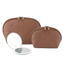 GloTech 2-pack Faux Leather Cosmetic Bags + Rechargeable Compact Mirror Mocha