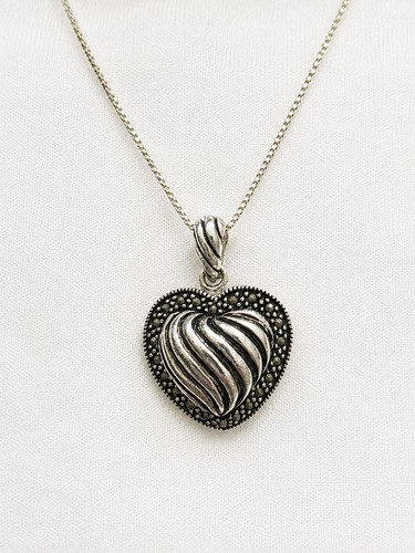 Vintage Charles Winston Sterling Silver Marcasite Heart Pendant & Box Chain