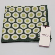 Roda NWT 100 Linen Pocket Square In Greens and Ivory Geometric Print