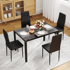 Dining Room Table Set 5-Piece ,4 Faux Leather Metal Frame Chairs and Glass Table