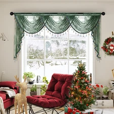 Luxury Green Lace Curtain Valance with Beads Romantic Floral Lace Sheer Curtain 