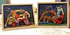 Pair of (2) Vintage Black Velvet bullfighter Matador paintings 15 x 18" neon