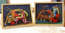 Par de (2) Cuadros Matador Torero Terciopelo Negro Vintage 15 x 18" Neón