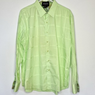 Lansky Bros Memphis Bright Green Raw Edge Plaid Paisley Lined Cuffs Shirt XL