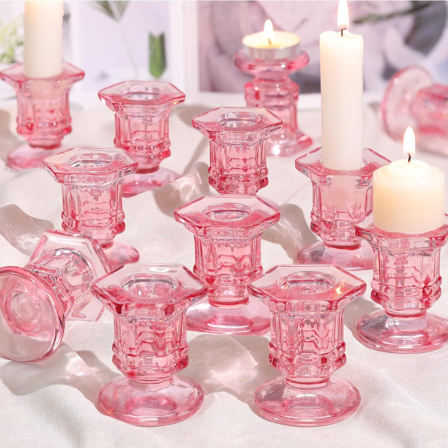 S Bulk, 12 Pcs Glass Candle Holders Set,crystal Taper Pink