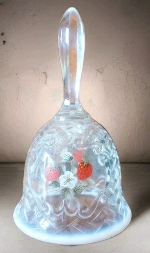 Fenton Clear Opalescent Basket Weave Hand Painted Signed Strawberry Bell