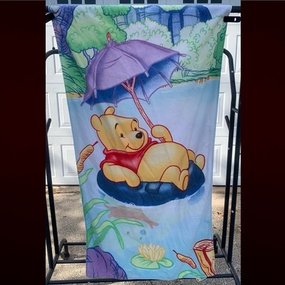 Vintage Y2K Disney Winnie The Pooh Beach Towel Lazy River Blue Umbrella 28x56