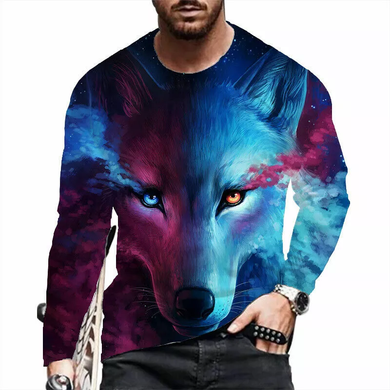 Camiseta Hombre Lobo Azul Gr fico Manga Larga Moda Casual Ropa De Calle Tee Top