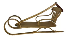 Bentwood Child's Sled With Ram's Horn Curl Leather Handle Rubber Treads Oak